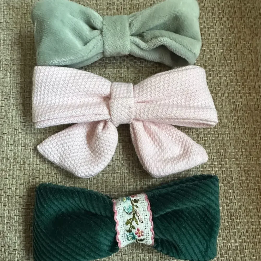 Set of 3 Handmade Vintage Chic Pink and Green Bows Hair Accessories